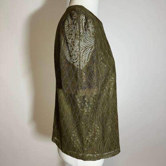 Liz Claiborne Moss Green Short Puff Sleeve Keyhole Lace Blouse Womens Size Small - Picture 2 of 8